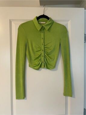 Pull&Bear Lime Green Ruched Button-Down Crop Shirt